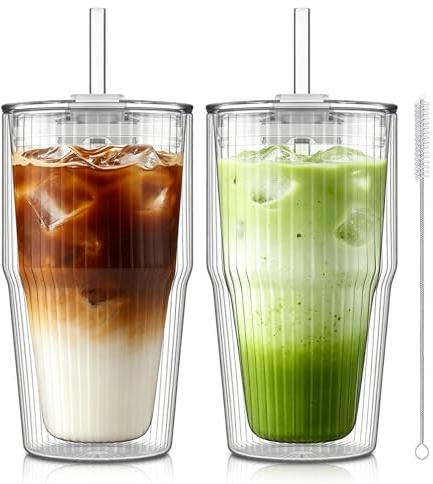 KEMORELA 2 Pack 480ml Double Walled Glass Cups with Lid & Straw, Insulated Glass Tumblers for Iced Coffee, Latte, Tea & Smoothies, Clear Drinking Glass Set with Straw Cleaner