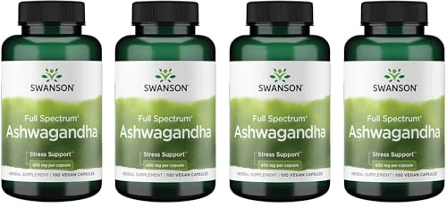 Swanson Ashwagandha Powder Supplement - with Ashwagandha Root to Promote Stress Relief & Energy - Ayurvedic Supplement for Natural Wellness (100 Capsules, 450mg Each) 4 Pack