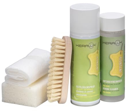 KERALUX Reinigungs-Set für Schweiß und Verspeckungen | 200 ml Fettlösespray, 200 ml Intensivreiniger von LCK, Für Glattleder und Nubukleder, Mit Bürste und Pflegetuch
