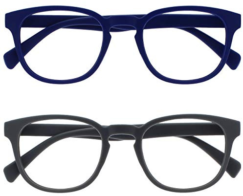 OPULIZE Pop 2 Pacco Retrò Giro Blu Opaco Liscio Grigio Uomo Donna Occhiali Da Lettura Cerniere Molla RR2-37 +1,50