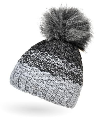 Neverless® Damen Strick-Mütze gefüttert Fleece-Innenfutter Fell-Bommel Kunstfell Winter-Mütze Bommelmütze Grobstrick Mehrfarbig