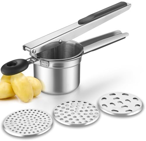 WILLIZTER Stainless Steel Potato Ricer Masher Mashed Potato with 3 Interchangeable Discs Cutter Puree Pressing Vegetable Fruit Masher Kitchen Gadgets