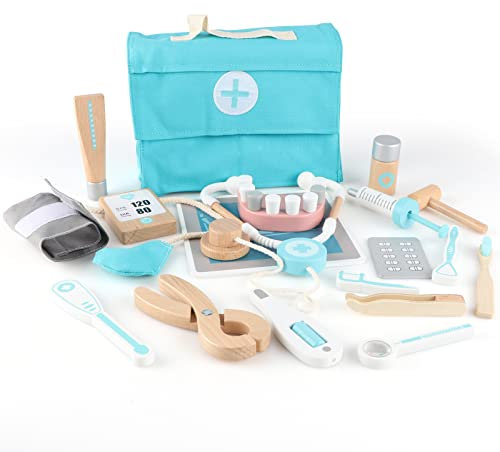Jacootoys Holz Ärzte Set 18Pcs Zahnarzt Play Tragetasche Rollenspiel Medizinisches Spielzeug für Kinder Jungen Mädchen 3 + vorgeben