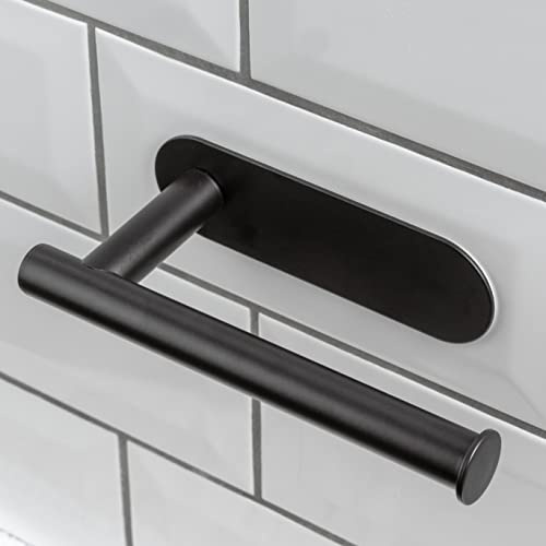 EPISTAR Toilet Roll Holder | Self Adhesive Bathroom Accessory | Wall Mounted | No Drill Required | Brushed Matte Finish | Black or Chrome (Cast Iron, Black)