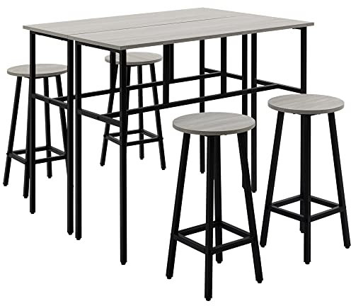 HOMCOM 6-teilig Essgruppe 2 Bistrotisch mit 4 Stühlen Hocker Bartisch Set Esszimmergruppe Sitzgruppe im Industrial Design Barhocker-Set für Wohnzimmer Esszimmer Spanholz Stahl Grau+Schwarz