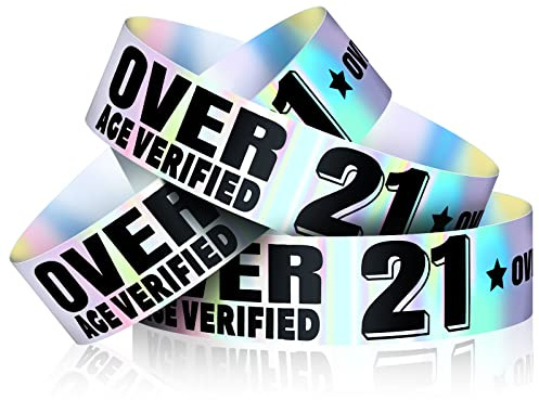 Ferraycle 500 Pcs Over 21 Wristbands Holographic Events Wristbands Plastic Party Bracelets Waterproof Bracelets Arm Bands for Events Concerts (Silver)