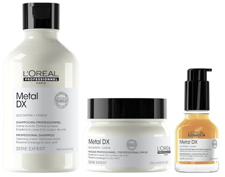 L'Oréal Professionnel | Pflegetrio für coloriertes & geschädigtes Haar, langanhaltende Farben & mehr Glanz, Serie Expert, Metal DX Shampoo, Maske & Öl