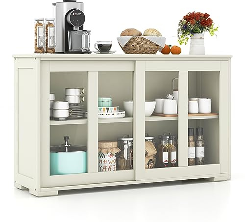 COSTWAY Buffet Sideboard with Storage, 2-Door Floor Cupboard with Sliding Tempered Glass Cabinet & Adjustable Shelf, Stackable Storage Cabinet for Kitchen, Entryway (Cream White)