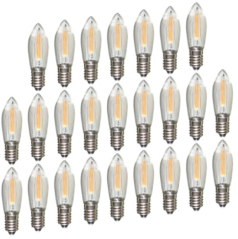 Erzgebirgslicht - AUSWAHL - 25 Stück LED Filament Topkerze 14-55 V 0,1 W für INNEN, für 4-16 Brennstellen E10 Riffelkerze Ersatzbirne Glühbirne Glühlämpchen für Lichterketten Pyramide Schwibbogen