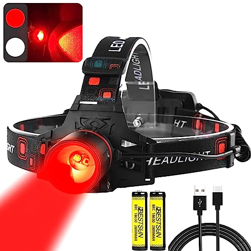 UNAGEA Linterna frontal recargable, linterna de cabeza roja y blanco, 2 colores, 2000 lúmenes, LED con 4 modos de luz, linterna roja impermeable con zoom para caza, apicultura, emergencia