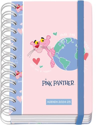 Dohe - Schülerkalender 2024/2025, 1 Tag pro Seite, A6 (12 x 17 cm), Ringverschluss und Gummi, Spanisch und Englisch, 4 Aufkleberseiten, September bis Juni, Schulmaterial - Pink Panther ecoPink