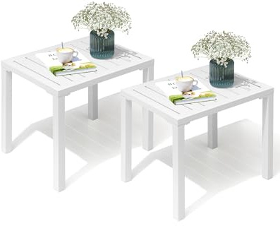 Crestlive Products Beistelltisch für den Außenbereich, rechteckig, Aluminium, klein, für Terrasse, Kaffee, Bistrotisch für drinnen und draußen, Weiß, 2 Stück