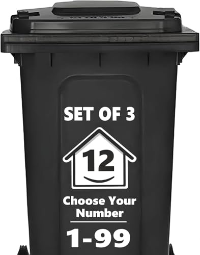 3 x Bin Numbers for Wheelie Bins, 1-99, 15cm ‘Happy House’ Design Dustbin Stickers, Easy Application Stick On Number Stickers - Weatherproof Self Adhesive Vinyl, Black (12)