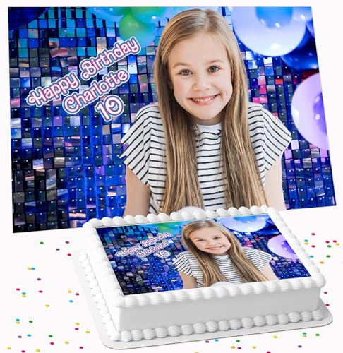 YOUR OWN PHOTO BLUE DISCO BACKGROUND BIRTHDAY PERSONALISED ICING EDIBLE LARGE CAKE TOPPER DECORATION SUITABLE FOR USE ON COSTCO CAKE PC-569