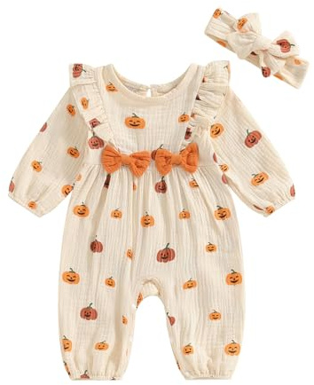 Loalirando Newborn Baby Girl Halloween Romper Pumpkin Print Jumpsuit Bowtie Ruffle Puff Long Sleeve Jumpsuit Bodysuit Headband Fall Outfits (Apricot, 0-1 Months)