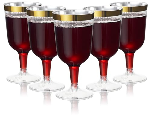MATANA 96 Elegant Clear Hard Plastic Wine Glasses with Gold Rim (180ml) - Sturdy & Reusable Glasses for Cocktails, Dessert - Birthdays, Weddings, Christmas, BBQ, Picnic, Parties