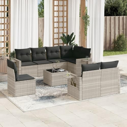 Homgoday Gartenmöbel-Set, 9-teilig, mit hellgrauen Kissen, Polyrattan, Möbeldekor, Set Schlafsofa, Wohnzimmer, Couch, modernes Set für Outdoor-Sofa für den Garten, Modell 3252789