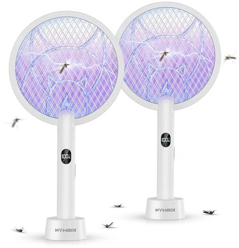 Nymrix Electric Fly Swatter Racket,2 in 1 Mosquito Bug Zapper 4100V Handheld Mosquito Killer with 1800 mAh Rechargeable Battery, Purple Light and 3-Layer Safety Mesh for Indoor Outdoor Grey Two-Pack