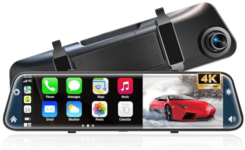 4K Rear View Mirror Camera with Carplay&Android Auto,12 Mirror Dash Cam Front and Rear with Voice Control for Cars&Trucks,Smart Touch Screen,64GB Card Included/Loop Record/Reverse Assist