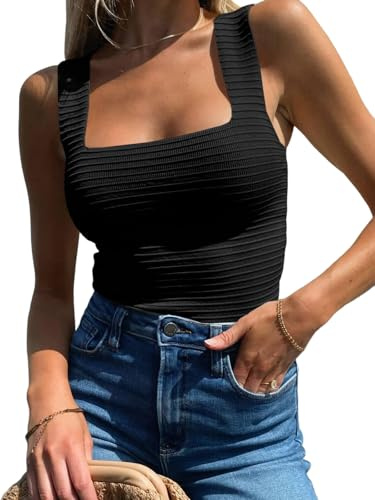 TrendiMax Débardeur en Tricot pour Femme Col carré sans Manches Coupe ajustée Gilet de Plage Débardeur décontracté, Noir, M