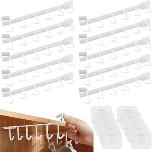 FUNSUEI Lot de 10 porte-tasses à 6 crochets pour suspendre sous une étagère sans perçage avec vis adhésives pour tasses, bar, café, ustensiles de cuisine, 25 x 7,5 cm, blanc