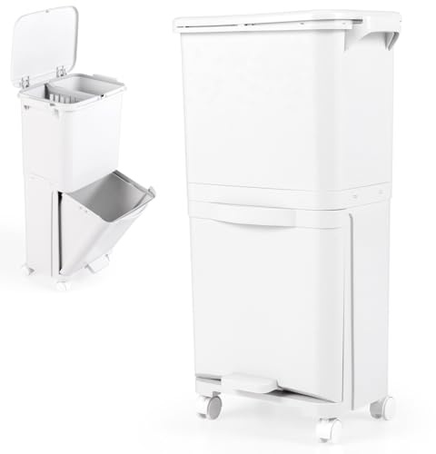 NHJSDLLMNZ Contenedores de Basura Contenedor de Cocina, Contenedores de Reciclaje, Contenedor de Cocina con Pedal de 40L con 3 Compartimentos, Ruedas bloqueables, Pegatinas de clasificación y asa