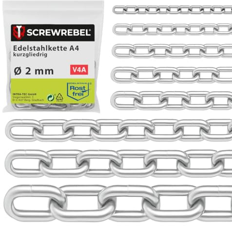 SCREW REBEL 2,0 mm starke Edelstahlkette A4 rostfrei, Dekokette 3 m lang, Bastelkette kurzgliedrig DIN 5685-3, Metallkette, Kette zum Aufhängen V4A mit 3 Meter Länge
