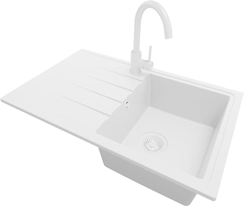 PRIMAGRAN Fregadero Granito al Mueble 45cm + Grifo, 78x50cm | Set: Grifo BW5010 + Kit de desagüe (sifón, válvula, rebosadero) + Milano 1 Seno para Cocina, Todo Blanco