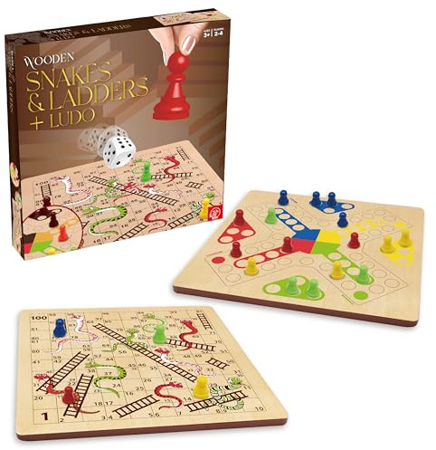 Roo Games Wooden Snakes and Ladders - Ludo 2-in-1 Travel Board Game, Age 5+ | Classic family fun at home; Montessori-inspired design; compact, portable case; suits kids and adults alike