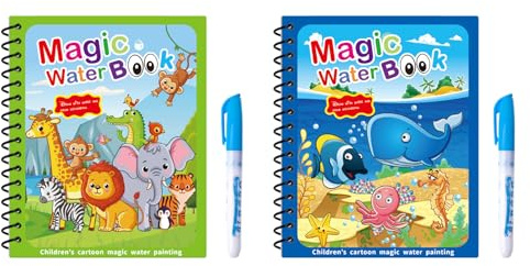 Yolkify 2 Pcs Water Colouring Book, Reusable Mess Free Books with Water Pen, Gifts for Boys Girls