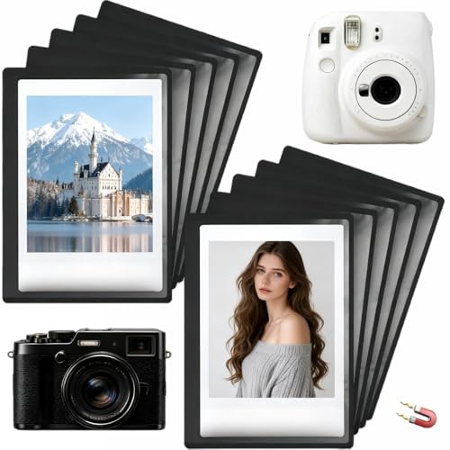 Mini Magnetische Bilderrahmen 9.5x7 cm,10 Stück Magnet Bilderrahmen Kühlschrank für Polaroid Instax Mini Film,Magnetischer Fotorahmen PVC,Magnetrahmen Fotomagnete für Fujifilm Fotos Postkarten,Schwarz