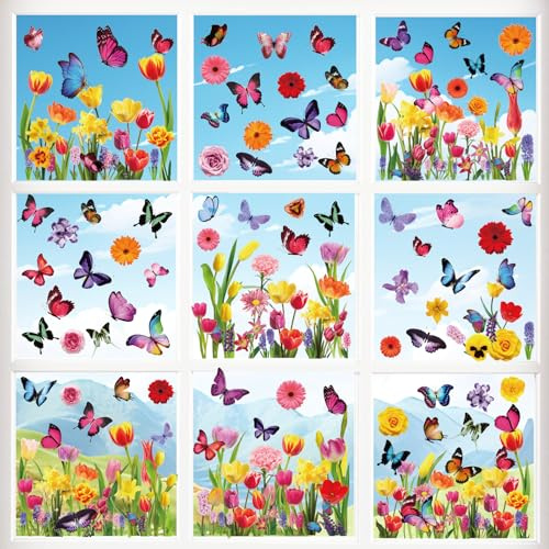WD&CD Fensterbilder Frühling Deko Selbstklebend, 9 Blätter Blumen Fensterbilder Schmetterlinge mit Blüten Motiv Fenstersticker Fensterfolie Wiederverwendbar für Fensterdeko-01