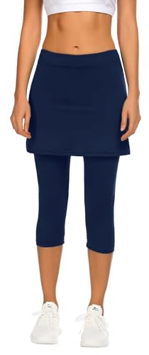 PINSPARK Tennisrock Damen Rock mit Hose Drunter Laufen mit 3/4 Yoga Pants | Hohe Taille Hosenrock, 2 in 1 Tennis Rock mit Engen Capris für Gym Wander Radfahren Jogging, Taschen, Kopfhöreranschluss