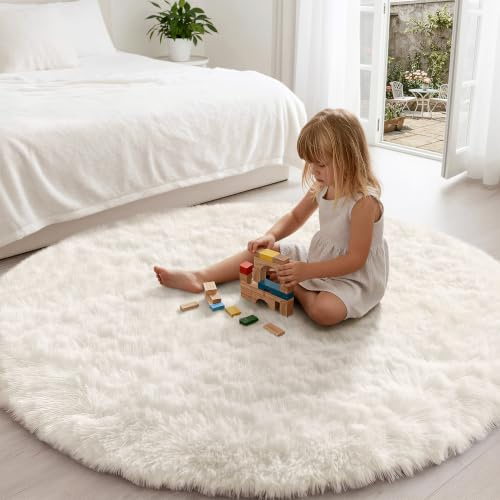 smiry Flauschig Hochflor Teppich Wohnzimmer - Rund 160x160 cm, Creme | Rutschfest Waschbarer Moderner Teppiche Kuscheliger Wohnzimmerteppich fürs Kinderzimmer Schlafzimmer