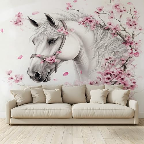 MKBKLI Papier Peint Tête cheval blanc fleurs cerisier 200 (H) x 140 (L) cm | Panoramique, Murale 3D Intissé Fresque Poster Décoration Fond De Mur Tv Salon Chambre