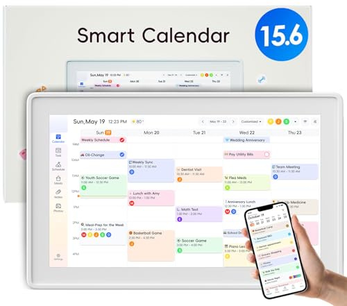 Digitaler Kalender Familienplaner 15,6-Zoll – Smart Wandkalender & Chore Chart mit HD Touchscreen, WLAN, App-Sync, Foto- & Notizfreigabe, kein Abo, Tisch- & Wandmontage (Weiß)