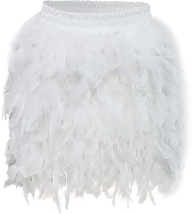 Federrock Damen - Federrock Weiss Damen, Rock Feder Weiß - Papagei Feather Ballkleid Mini Skirt Elastische Taille Tütü Dschungel Minirock Karneval Fasching Halloween Party Cosplay Festliche Outfit