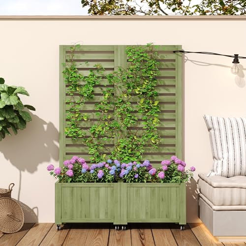 Merax Pflanzkübel mit Spalier, 2 Gartengitter & 2 Pflanzkästen, wetterfestes Tannenholz, klappbar, mit Universalrädern, Outdoor Blumenkasten für Garten, Terrasse, Hof, Grün