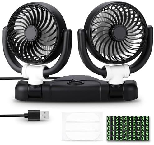 D-Lumina Ventilatore per auto, girevole a 360°, doppia testa, 12 V, con USB, 2 velocità, aria condizionata, per SUV, camper, ATV, barca, auto, targa con adesivo gratuito