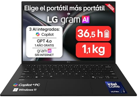 LG gram 14Z90U-G.AU85BN - Ordenador Portátil Ultraligero de 14 Intel Core Ultra 7 355, 32 GB RAM, 512 GB SSD, Intel Graphics (4Xe), IPS Antirreflejo, 1120g, 36.5 h, Windows 11, Teclado ES, Negro
