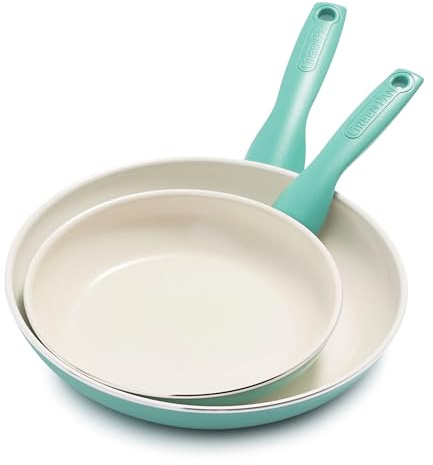 GreenPan Rio Healthy Ceramic Non-Stick 2-Piece Frying Pan Skillets Set, 20cm & 26cm, PFAS Free, Stay-Cool Handle, Oven Safe up to 160°C, Turquoise & Cream