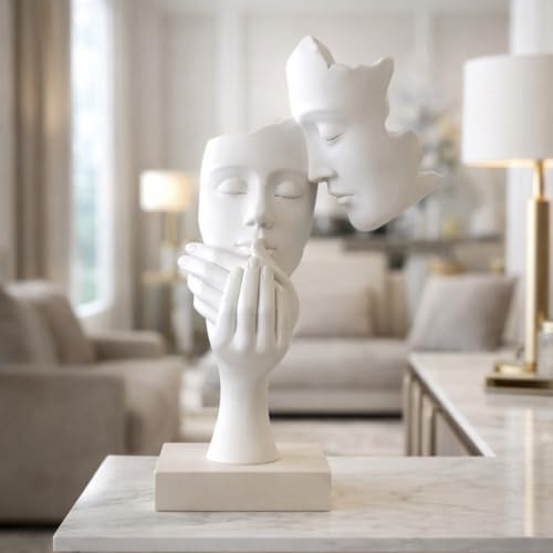 MAZZOLA LUCE Soprammobile scultura da tavolo design moderna volti innamorati gesso bianco base nocciola ottima qualità