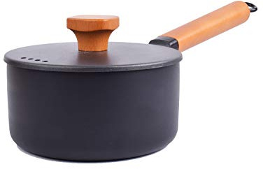 Cdycam Cazo antiadherente con tapa, cacerola de leche de 16 cm con mango de madera, sartén de hierro fundido, negro, apto para cocinas de inducción, eléctricas y de gas
