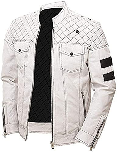 Herren-Bikerjacke, weiches Echtleder, Vintage-Stil, Café-Racer-Bomber-Stil, Weiß, Mehrfarbig: Lederjacke mit Nieten, S