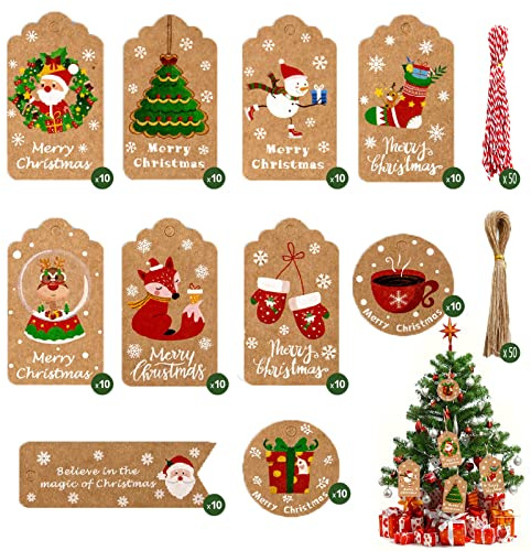 100 Stück Geschenkanhänger Weihnachten Weihnachtsgeschenkanhänger Xmas Braun Kraftpapier Etiketten Geschenkanhänger Kraftpapier Papier Weihnachtsanhänger für das Dekorieren von Weihnachtsbaum