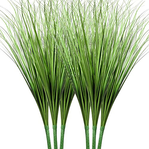 Vlorart 33 Artificial Plants 6 Pack Onion Tall Grass Greenery, Faux Fake Grass Shrubs Plant Flowers Wheat Grass for House Home Indoor Outdoor Office Room Gardening Indoor Décor-Green