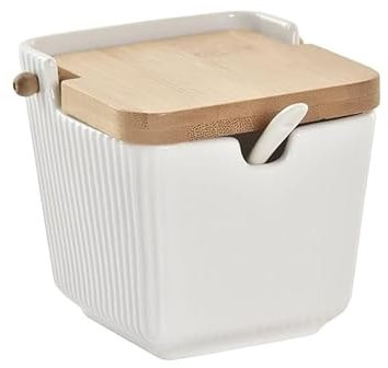 D,casa - Zuccheriera da cucina, bianca, minimalista, in ceramica, con coperchio in legno estraibile.