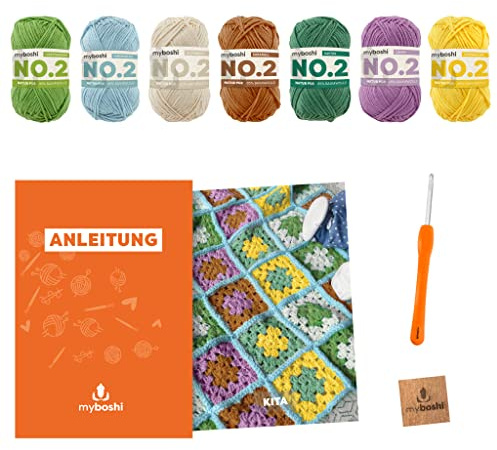 myboshi Häkelset Babydecke Kita, inkl. No.2 Wolle, Nadel und Anleitung, original Label, Häkelpaket, 85% Baumwolle, 15% Kapok Grün, Gelb, mit Häkelnadel