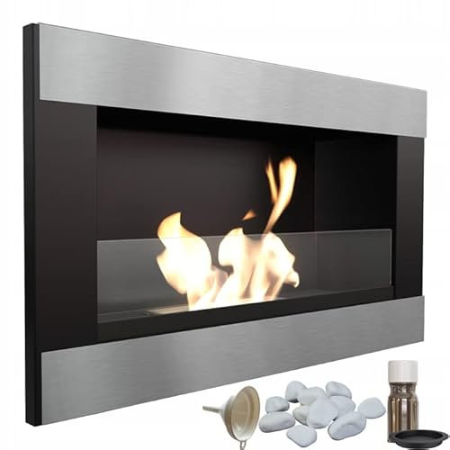 KRATKI Golf Chimenea Horizontal de bioetanol para Interior de Pared Biocontainer 0,2 l Certificación TÜV Acero Negro y Pulido con acristalamiento 37 x 64 cm Plus Set de aromaterapia