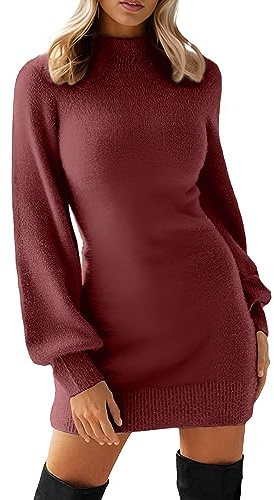 GRECERELLE Womens Jumper Dress Winter Mock Neck Long Sleeve Bodycon Knit Pullover Jumpers Ladies Mini Sweater Dresses